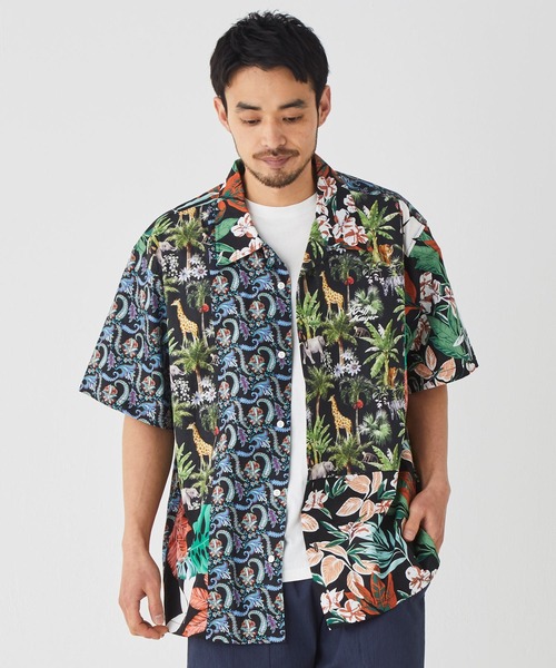 アダルトカジュアルシャツ [ROLLEI] 日本製 長袖 黒×白 和柄つぎはぎ