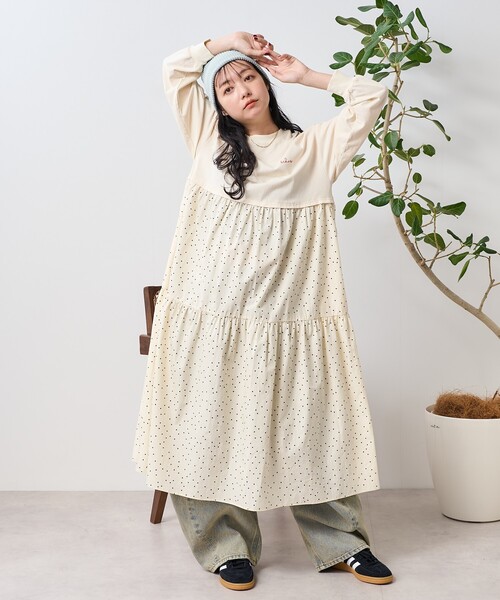 ハンドメイド【ワンピース3点】 ドッド柄フリルスリーブワンピース【洗濯機洗い可/イージーアイロン