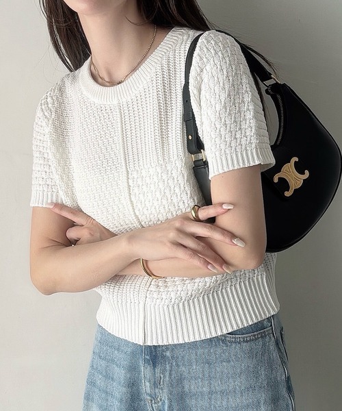 Meiru ニット セーター パッチワーク半袖ニット レディース