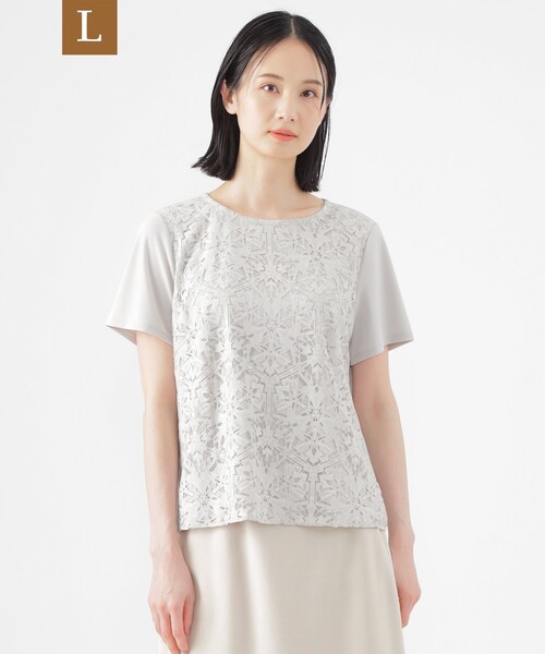 tシャツ 「L」「ウォッシャブル」「接触冷感」ラッセルレースコンビスムースプルオーバーカットソー レディース