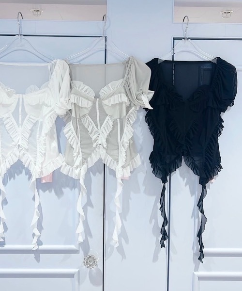 lilLilly tシャツ メッシュフリルヘムトップス レディース