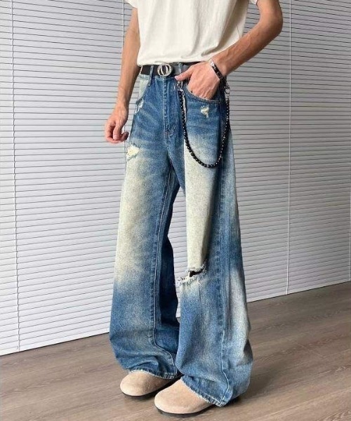 FreeZone ジーンズ ウォッシュダメージワイドデニムパンツ メンズ