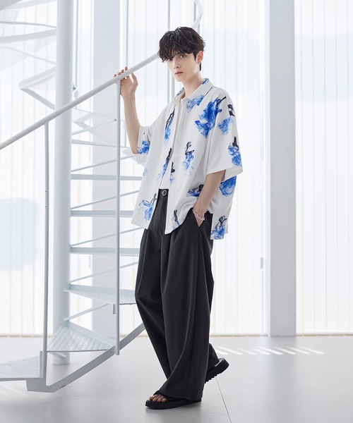 シャツ アソート総柄グラフィックプリントドレープ比翼シャツ メンズ