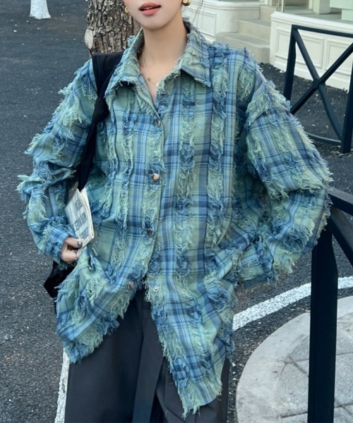 ブラウス シャツ ビックシルエットフリンジ加工チェック柄シャツ