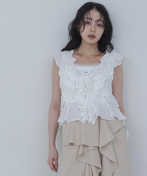 ベスト ジレ ペプラムフリルドロストベスト レディースの画像