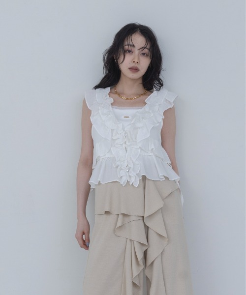 ベスト ジレ ペプラムフリルドロストベスト レディースの画像