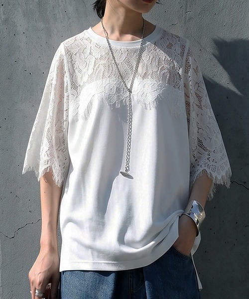 新品タグ✨MACHATT lace long Tshirt 花柄レース 黒 antiqua（アンティカ） antiqua tシャツ 半袖 花柄 レース切替 綿混