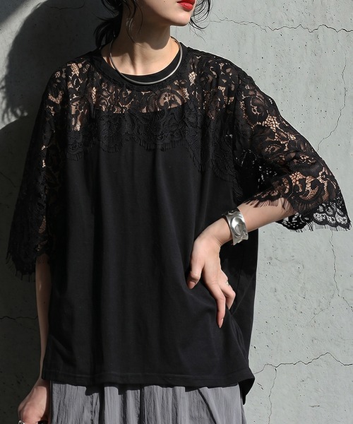 antiqua(アンティカ) antiqua tシャツ 半袖 花柄 レース切替 綿混 antiqua(アンティカ) antiqua tシャツ 半袖 花柄 レース切替 綿混