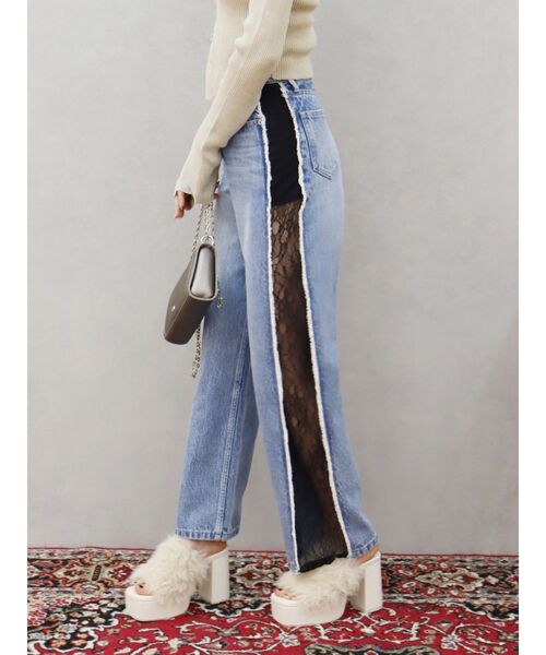 新品タグ付　monepine レースドッキングデザインデニムパンツ lace docking design denim pants/レースドッキングデザイン