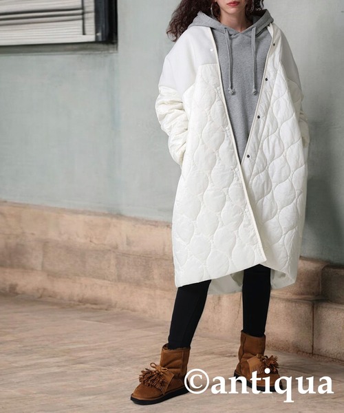 新品未開封◆グレー 定価¥15,490◆ロングコート【antiqua】 antiqua（アンティカ） ノーカラーコート コート ドッキングロング