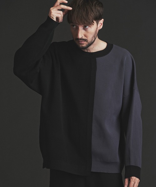 【新品・タグ付き】BANDEL メンズ クルーネックニット バイカラー 黒白 L NO ID.（ノーアイディー） セーター ニット 「NO ID.」Fake Layered