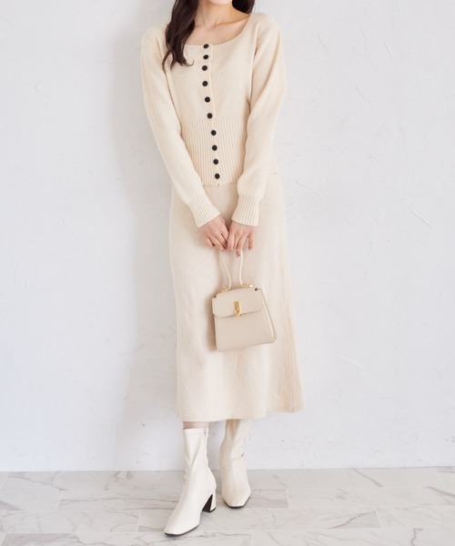 【新品未使用タグ付】ジャスグリッティー ニット&フレアスカート セットアップ tocco closet セットアップ フロント釦ニットトップス×ニット