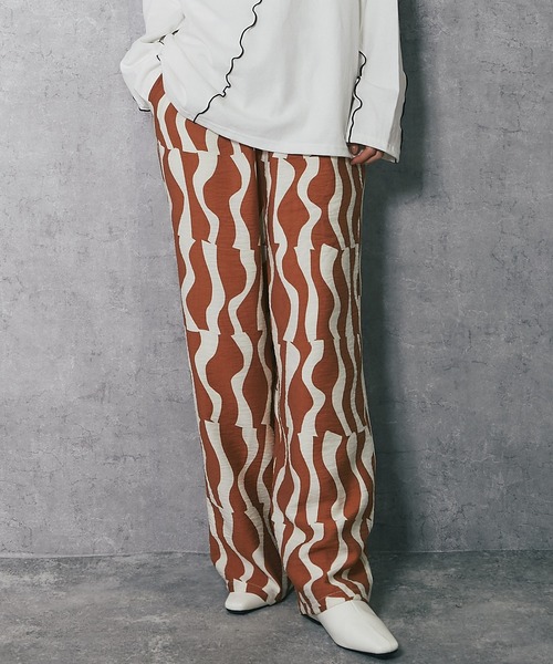 パンツ リネンタッチウェーブ柄プリントラフパンツ レディース