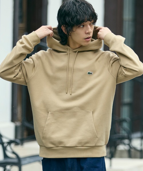 最終価格 LACOSTE ベージュ フード付きパーカー 36(M) LACOSTE（ラコステ） パーカー エッセンシャルスウェットフーディー