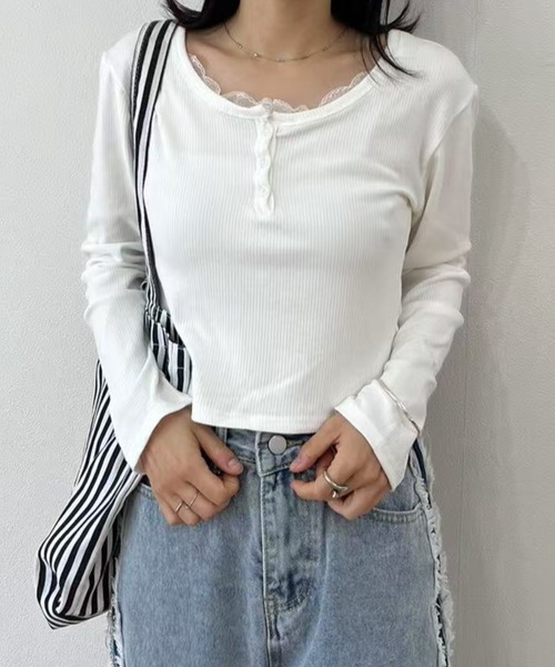 ヘンリーネック tシャツ レースヘンリーネックカットソー レディース