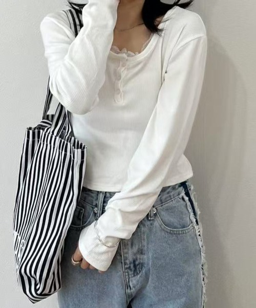 ヘンリーネック tシャツ レースヘンリーネックカットソー レディース