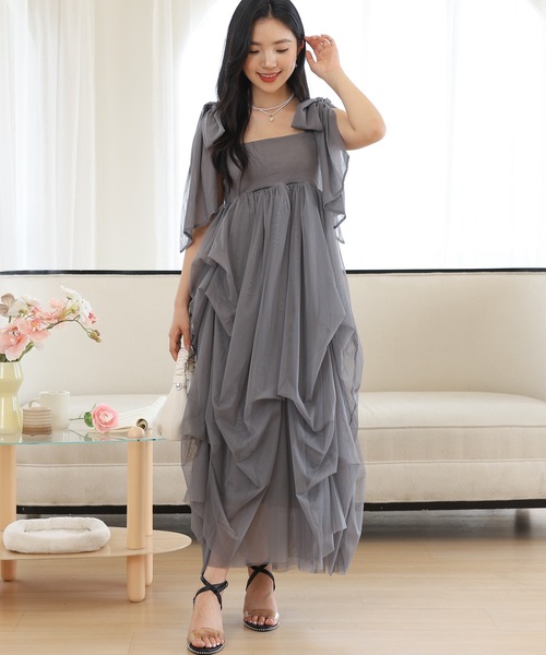 Lace Ladies ワンピース 肩リボン ドレープ チュール ロング