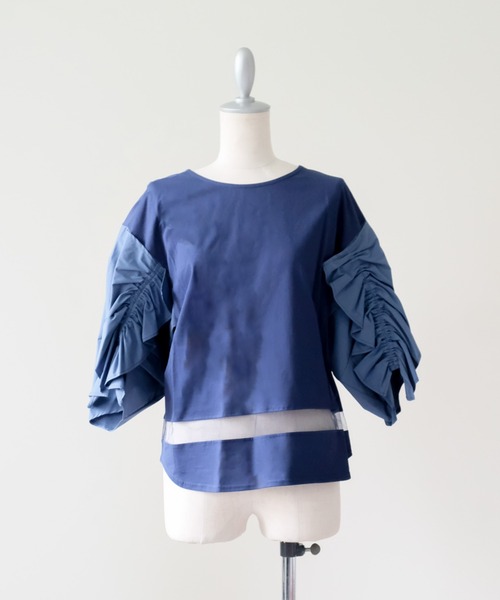 45R フリル付き青色半袖トップス DOLLUPOOPS（ドールアップウップス） tシャツ 半袖 フリルスリーブ配色