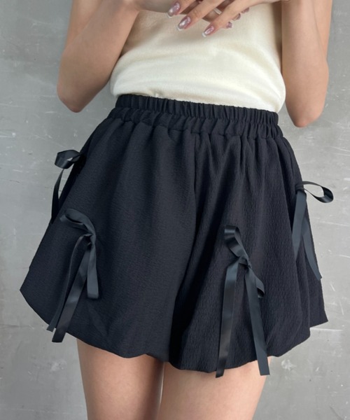 スカート フロントリボン使い ミニスカート スカパン バルーンスカート