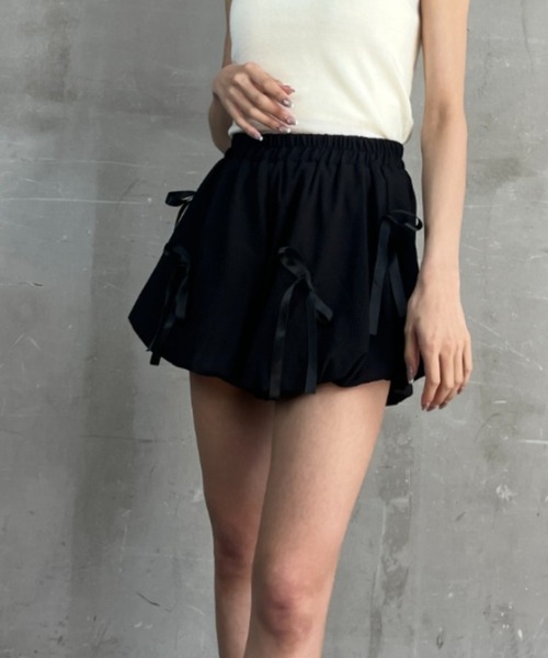 スカート フロントリボン使い ミニスカート スカパン バルーンスカート