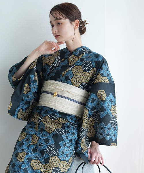 utatane 浴衣 浴衣3点セット ローケツ染め風 鉄紺に亀甲繋ぎ