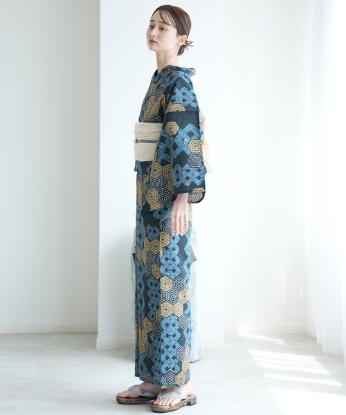 utatane 浴衣 浴衣3点セット ローケツ染め風 鉄紺に亀甲繋ぎ