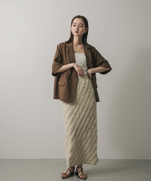 ロンバスプリントURBANスカート＆ニット　上下38size 高身長 ワイドプリーツフレアスカート（トールサイズ）Essenave