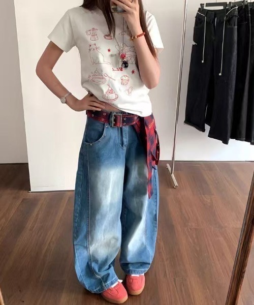 FreeZone ワイドパンツ ジーンズ チェックベルト付きバギーデニム