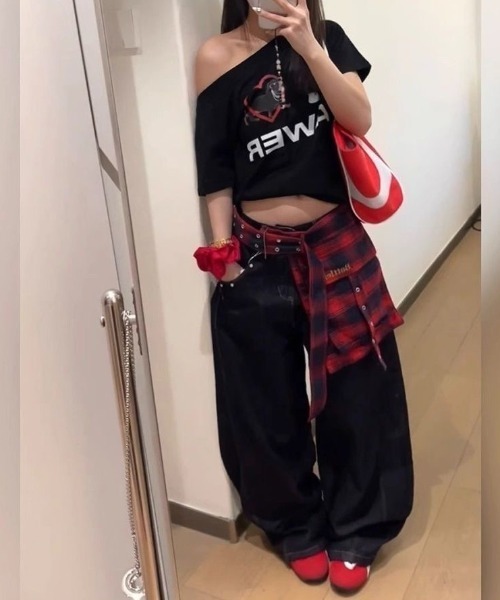FreeZone ワイドパンツ ジーンズ チェックベルト付きバギーデニム