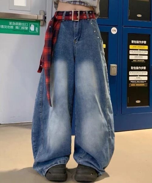 FreeZone ジーンズ チェックベルト付きバギーデニムパンツ メンズ FreeZone ジーンズ チェックベルト付きバギーデニムパンツ メンズ