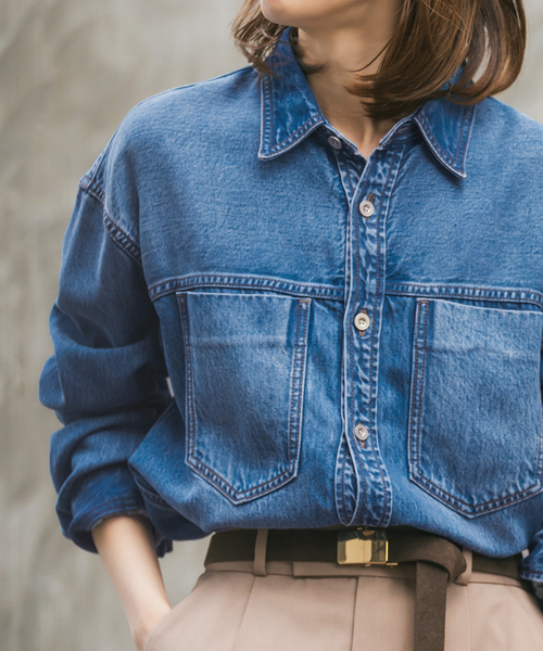 NOBLE ネイビー 長袖シャツ ポケット付き NOBLE（ノーブル） ブラウス シャツ 「追加」スージングデニムビッグ