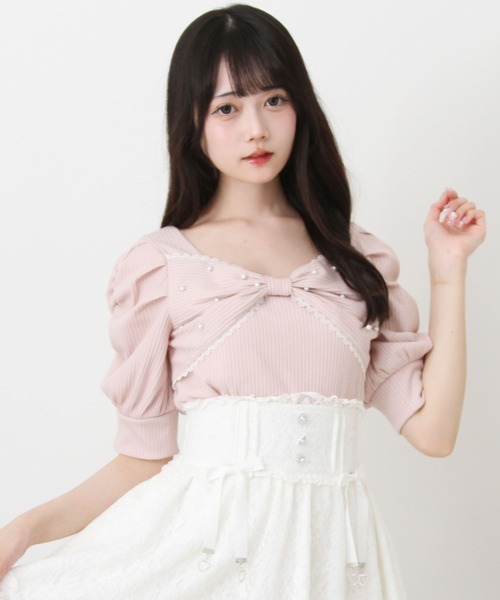 今期パールリボン付きトップス☆ DearMyLove tシャツ パールリボンリブトップス レディース : ZOZOTOWN