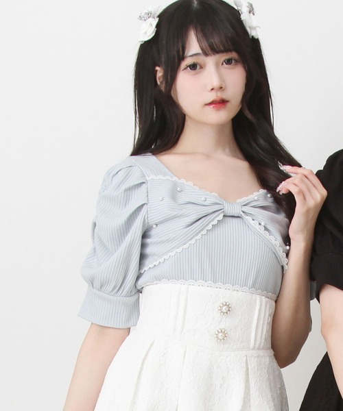 tシャツ パールリボンリブトップス レディース