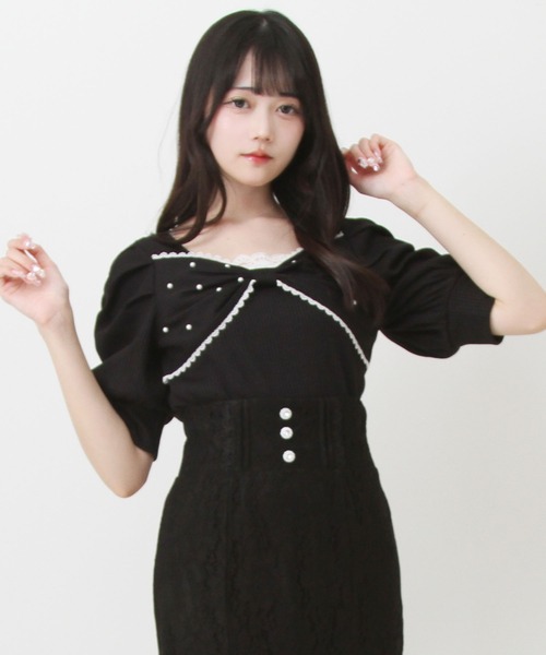 DearMyLove tシャツ パールリボンリブトップス レディース : ZOZOTOWN