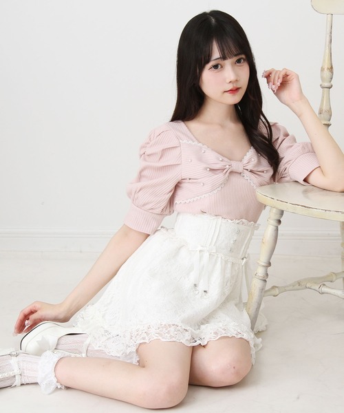 DearMyLove tシャツ 半袖 パールリボンリブトップス レディース