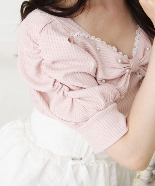 DearMyLove tシャツ パールリボンリブトップス レディース : ZOZOTOWN