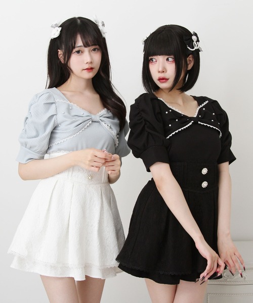 DearMyLove tシャツ 半袖 パールリボンリブトップス レディース
