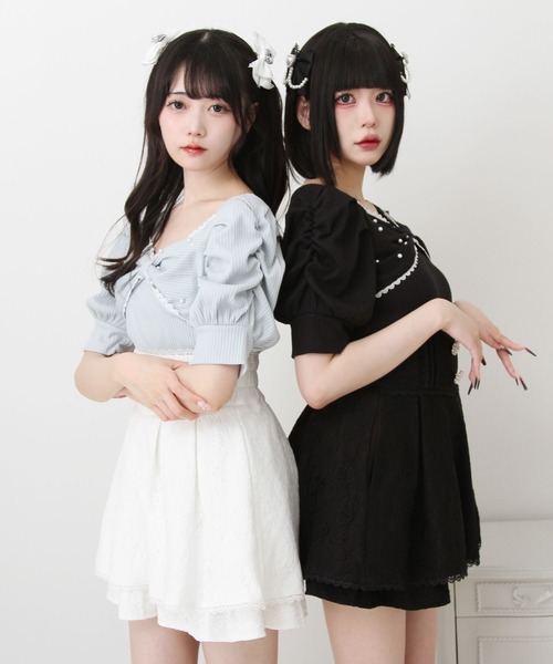 今期パールリボン付きトップス☆ DearMyLove tシャツ パールリボンリブトップス レディース : ZOZOTOWN
