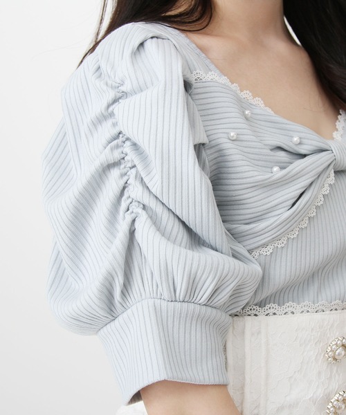今期パールリボン付きトップス☆ DearMyLove tシャツ パールリボンリブトップス レディース : ZOZOTOWN