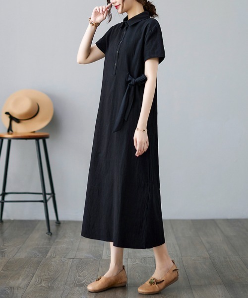 美品★ シビラ ロングワンピース 半袖 ウエストリボン 黒 40 L ワンピース 半袖 「大人シック・着回し抜群」シャツカラーウエスト