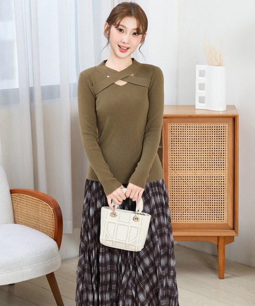 Anely ニット セーター ソリッドカラー フロント クロス ニット プル