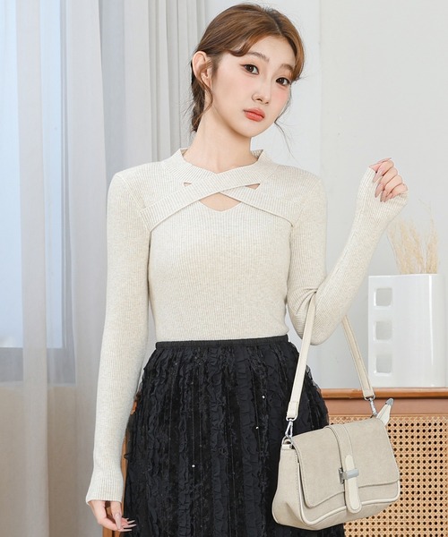 新品 オズモーシス フロントクロスニット プルオーバー ロング ニット Anely ニット セーター ソリッドカラー フロント クロス ニット プル