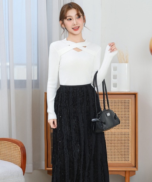新品 オズモーシス フロントクロスニット プルオーバー ロング ニット Anely ニット セーター ソリッドカラー フロント クロス ニット プル