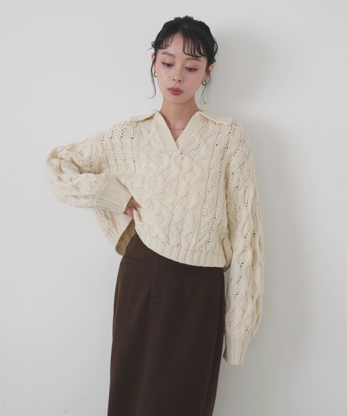 LIAN（リアン） ニット セーター ケーブルクロップドポロニット