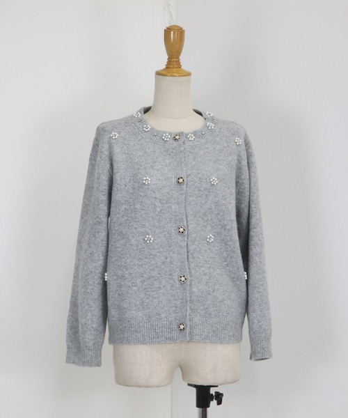 Blaumarine ブルマリン/ フラワービジューレース ニットカーディガン フラワービジュー付きショート丈リブニットカーディガン≪Gray×White