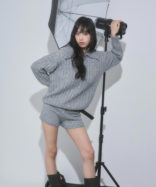 【新品・未使用】ポロニットトップス グレー ENVYM（アンビー） ニット セーター ケーブル ポロ ニット トップス