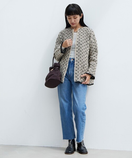 「John branigan」 ノーカラージャケット フリ- ベージュ レディース_画像3