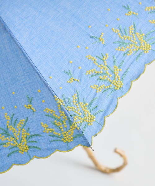 日傘 uvカット 傘 because「晴雨兼用」ミモザ刺繍バンブー日傘