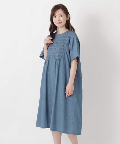 one'sterrace（ワンズテラス） ワンピース 半袖 スモッキング 刺繍入り