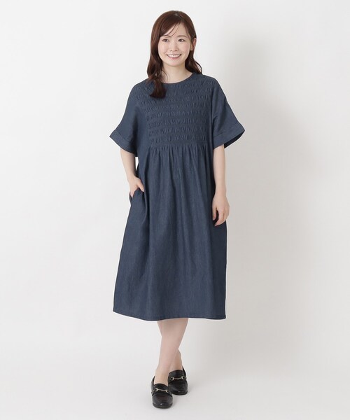 ボンポワン　スモッキング刺繍 半袖ワンピース one'sterrace（ワンズテラス） ワンピース 半袖 スモッキング 刺繍入り